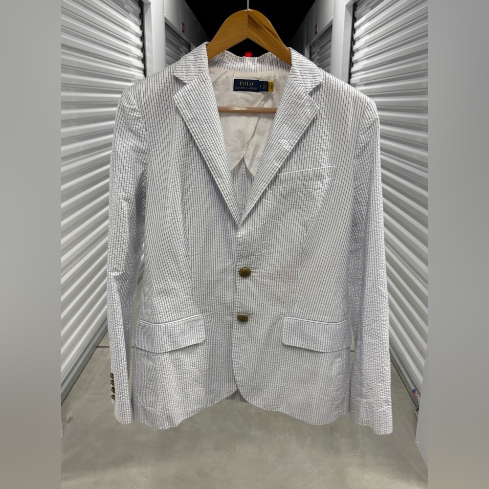 Polo by Ralph Lauren Women’s White and Blue Seersucker Striped Blazer
